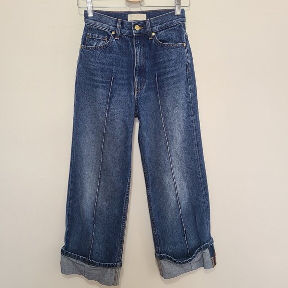 Ulla Johnson Women’s Genevieve Pintuck Wide Leg Cuff Jeans Índigo Blue Size 25 - Picture 1 of 13